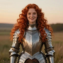 Symmetrical knight of symmetry. Thick red-haired woman with long curly symmetrical red hair. Plate armor. Cheerful. Art by William-Adolphe Bouguereau. During golden hour. Extremely detailed. Beautiful. 4K. Award winning.