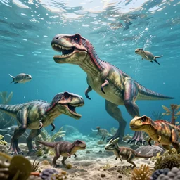 underwater view of jurassic era predators and prey, octane render, cinema 4 d, light rays, cinematic lighting, golden ratio, underwater photography, realistic, volumetric lighting, wildlife documentary, by greg rutkowski