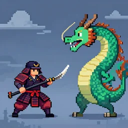 a samurai versus a dragon in pixel art