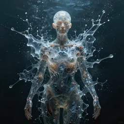 stunning, breathtaking, awe - inspiring award - winning biomorphic anthropomorpic transparent gelatinous humanoid abstract expressionist splatter painting, deep sea cyberpunk, extremely moody lighting