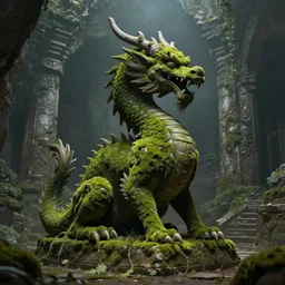 a mossy statue of a dragon in an ancient temple ruin, fantasy painting, trending on artstation, artstationHD, artstationHQ, unreal engine, 8k