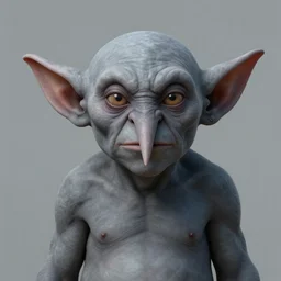 Beautiful hyperrealistic detailed matte painting of a grey goblin with long ears and a triangular upwards pointing nose, by andreas rocha and john howe, and Martin Johnson Heade, featured on artstation, featured on behance, golden ratio, ultrawide angle, f32, well composed, cohesive