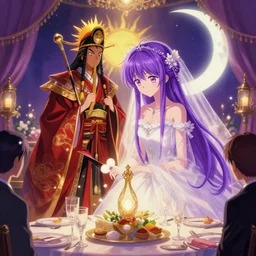a cinematic portrait of wedding photograph jpeg close up moment of a divine a japan sun god and moon goddess lovers magician at a wedding banquet. portraiture. digital painting. artstation. concept art. wedding photo. digital painting. violet evergarden art masterpiece by art by krenz cushart