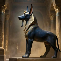 side profile, mighty anubis in his chambers of the dead, dramatic, elegant, highly detailed, concept art, smooth, muted colors, by huang guangjian, sachin teng, greg rutkowski, jesper ejsing, ilya kuvshinov, artgerm, mucha