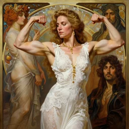 julia gillard, flexing large muscles, white lace clothing, gold accessories, elegant, highly detailed, digital painting, matte, sharp focus, art by artgerm, greg rutkowski, alphonse mucha, frank frzetta, boris vallejo, bouguereau, beksinski, cinematic