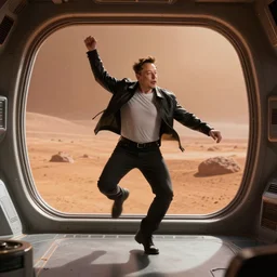 Elon Musk dancing in a futuristic spaceship with the surface of Mars outside the window, 4k