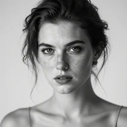 photo by lee jeffries, black and white, beautiful woman, freckels, seductive, face shot, facing the camera