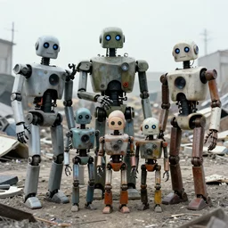 the most creepy family photo of robots, 35mm lens, post apocalyptic, a dumping ground