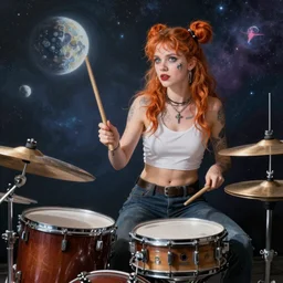 The Pocket Queen plays drums in space, airbrush art
