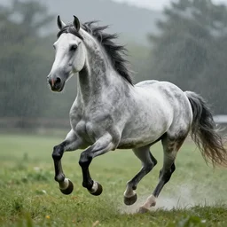 Greek shire horse running in the rain, 4k detailed hyperrealistic digital photo by Justin Gerard, Beeple, Gustave Dore, Artstation, CGsociety