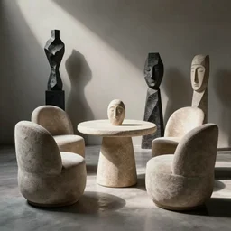 stone round soft chair and table with primitive mask. karl blossfeldt, brancusi, beksinski