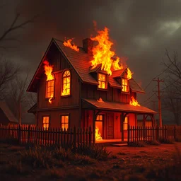 a house on fire, visual novel, canvas, wide angle, warm color palette, 3 d, ambient occlusion, iridescent, fire, burn, inferno