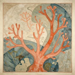 avant garde coral, organic abstract illustration aged fresco, 1811, decadent french art nouveau collage