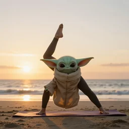 Grogu doing yoga on the beach at sunset