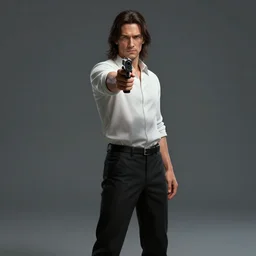 a long hair man in white shirt and black pants, hold a gun with left hand aimed the camera. by david fincher. artstation. octane render, hd, matte painting. cinematic. ultra clear detailed.