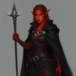 Dungeons and Dragons character art for a female tiefling with red skin, freckles, and a black cloak