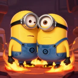 terrified minions from despicable me wearing high heels burning in lava, 4 k, anime style