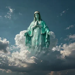 wide angle sky with teal virgin mary cloud in center