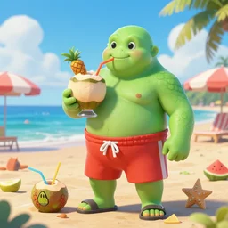Cthulhu with a dad bod wearing shorts and sandals and drinking pina colada from a coconut at a sunny, festive beach