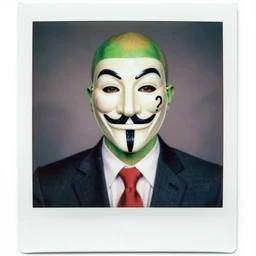 a bald green skinned man wearing a anonymous guy fawkes mask and a suit with a red tie, a question mark for a face character design, portrait, cgsociety artstation, portrait by klimt, dan mumford, and seb mckinnon, polaroid