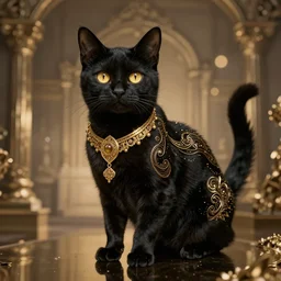 a full-body shot of a black void cat with golden glowing eyes, fairytale, beautiful, intricate, elegant, ornate, super detailed, Octane render, reflections