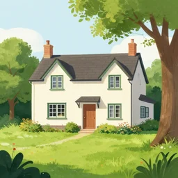 A Illustration of a beautiful cottage, with a lush grass lawn, featuring a tree in the style of DrawWithJazza