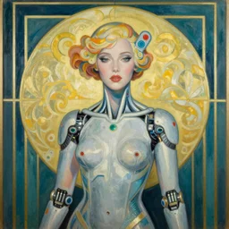 Art Deco painting of a cybernetic Elle Fanning