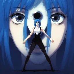artgerm, loish, makoto shinkai, female death from neil gaiman sandman comic black eye of horus right eye, fantasy setting, smile, symmetrical eyes, blue hair, symmetrical face, full body action pose