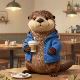 anthropomorphic furry otter wearing cool clothes in a coffee shop, trending on art station, furaffinity, frida kahlo, painting