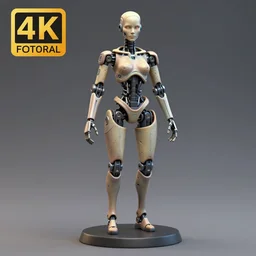 80mm resin detailed miniature of a female bot, Robot, human torso, robot arm, robot leg, beautiful bone structure, symmetrical facial features, Product Introduction Photos, 4K, Full body
