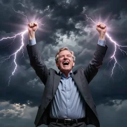 photograph of geert wilders standing victoriously, raising both hands, shouting, emitting lightning from both hands, atmospheric lighting, dark clouds, sinister