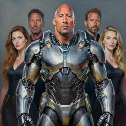portrait of dwayne johnson wearing cybernetic power armor. intricate painting by ross tran, magali villeneuve, and jeremy mann.