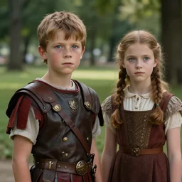 sharp, highly detailed, film from a 2 0 1 9 sci fi 8 k movie, time travelers appear in a park, a boy from the roman empire and a girl 1 8 5 0, each wearing correct era clothes, atmospheric lighting, in focus, reflective eyes, 3 5 mm macro lens, nice composition