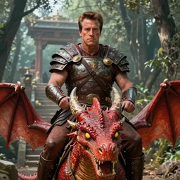 long shot of arnold schwarzenegger as conan the barbarian riding a red dragon with yellow eyes, wearing ancient barbarian armor, high details and focus on face, centered, rule of thirds photo, hyper realistic, forest temple in the background, digital painting, box art illustration trending pixiv fanbox by wlop and greg rutkowski and caravaggio and rosa bonheur and william harnett and boris vallejo