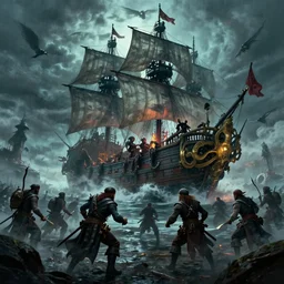 epic battle of pirates with a ghost ship filled with undead, fantasy concept art, trending on artstation, artstationHD, artstationHQ, 8k