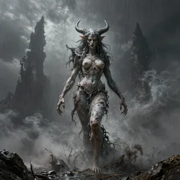 disfigured!! lilith the mother of all monsters siren, raining ash, fine art masterpiece, highly detailed dino valls wayne barlowe machiej kuciara, dramatic lighting, long shot, wide angle, uhd 8 k, sharp focus