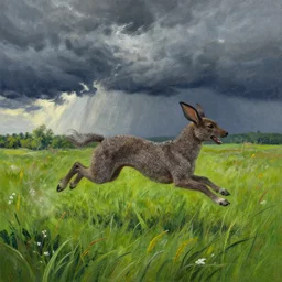 wild, lush chia pet hopping in the meadow, stormy skies. russian fairytale art, gouache, dynamic composition, backlighting