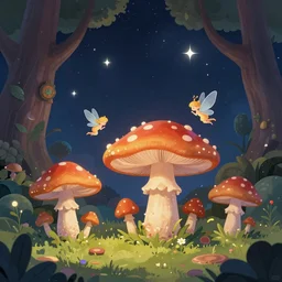 enchanted cosmic forest, mushrooms on the ground, small fairies, stars in the sky, butterflies, rainbows, psychedelic, wide angle shot, white background, vector art, illustration by frank frazetta
