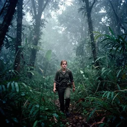 film still, far view, emma watson soldier hiking through dense vietnam jungle, dense cloud fog, film still from apocalypse now ( 1 9 7 9 ), 2 6 mm, kodak ektachrome, blue tint expired film,
