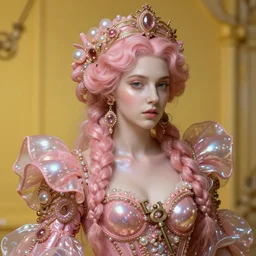 hyperrealist highly intricate post-rococo portrait pink pearlescent exoskeleton beautiful goddess concept art pascal blanche key sage dramatic yellow lighting 8k high angle shallow depth of field
