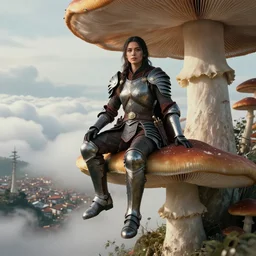 a portrait photo of an armored female warrior sitting on the edge of a giant mushroom that covers a whole town and reaches above the clouds by luis royo. intricate. lifelike. soft light. sony a 7 r iv 5 5 mm. cinematic post - processing