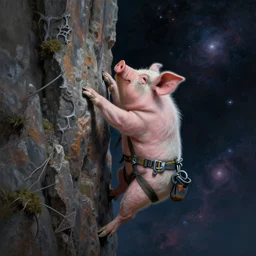 a pig in climbing gear, climbing a steep vertical overhang, cosmic horror painting, elegant intricate digital painting artstation concept art by mark brooks and brad kunkle extreme detail 4 k