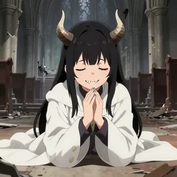 cute japanese girl with small horns, sharp and pointy vampire teeth, dressed in an old white coat, praying on the floor of a destroyed church, with her eyes and mouth closed and a smile, detailed artwork by Yoji Shinkawa