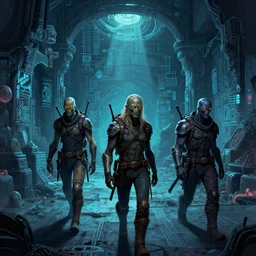 adventuring party of 3 gamma world mutants walking through the interior of a dungeon, in the style of Rob Lefield and Dan Mumford , trending on artstation, digital art,surrealism ,macro,blueprint ,vaporwave ,