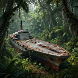decayed rusty aircraft carrier USS Nimitz laying on the ground of a tropical forest, overgrown with vegetation, hanging vines, post appocalyptic, by Luis Royo, by Greg Rutkowski, dark, gritty, intricate, cover illustration, concept art, volumetric lighting, volumetric atmosphere, sharp focus, octane render, trending on artstation, 8k