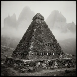 photography of ancient place of worship, pyramid, occult, stone, wooden charms, dolomites in background, fog, desaturated, fog, dark, eerie, 1 9 2 0 s ghost photography