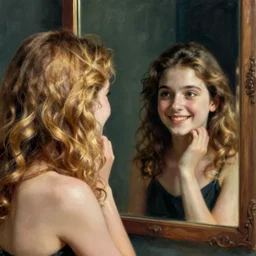 a blonde woman with curly hair looks into a mirror to see a dark-haired girl looking back and smiling, painting by Balthus