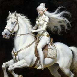 painting of a white female elf warrior riding a horse, highly detailed painting, realistic, symmetrical, illustration, artstation, in the style of frank frazetta, ayami kojima
