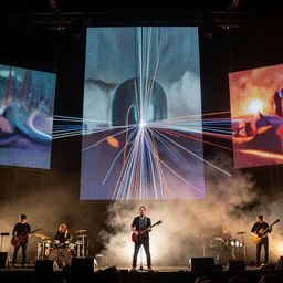 Thom Yorke singer songwriter, Radiohead group of people on stage playing instruments, elaborate stage effects, dust, smoke, giant LED screens, colored projections, ultrafine detail, glowing thin wires, smoke, high contrast, projections, a screenshot by David Gilmour Blythe, holography, tesseract, volumetric lighting, anamorphic lens flare