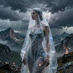 woman, covered in transparent cloth, plastic, mountains, thunder clouds, Masterpiece, glowing, wires everywhere, by Edgar Maxence and Ross Tran, Zdzisław Beksiński, and Michael Whelan, distant, gustav dore, H.R. Giger, 8k, octane render